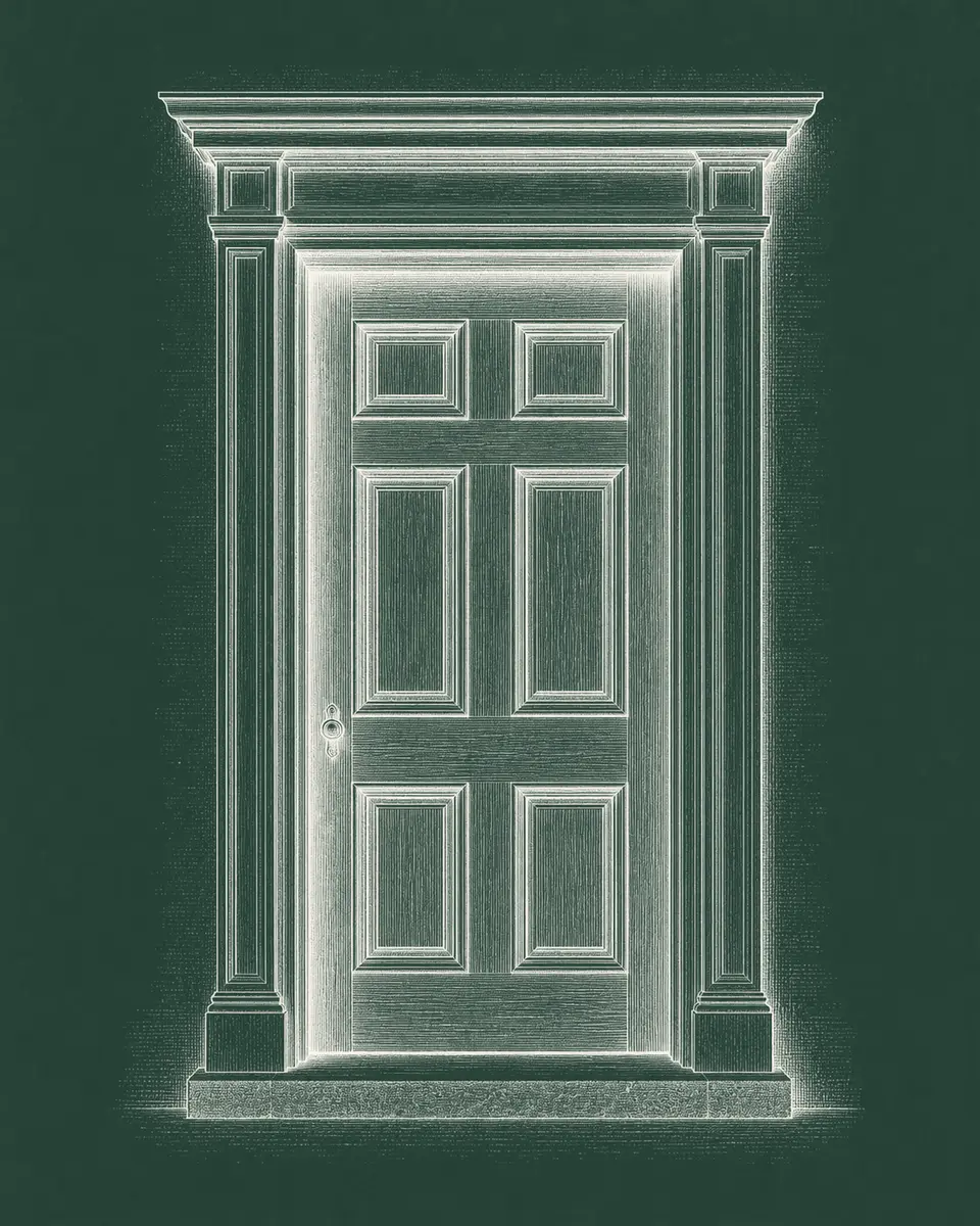 A closed six-panel door rendered as a cream-on-green line engraving.