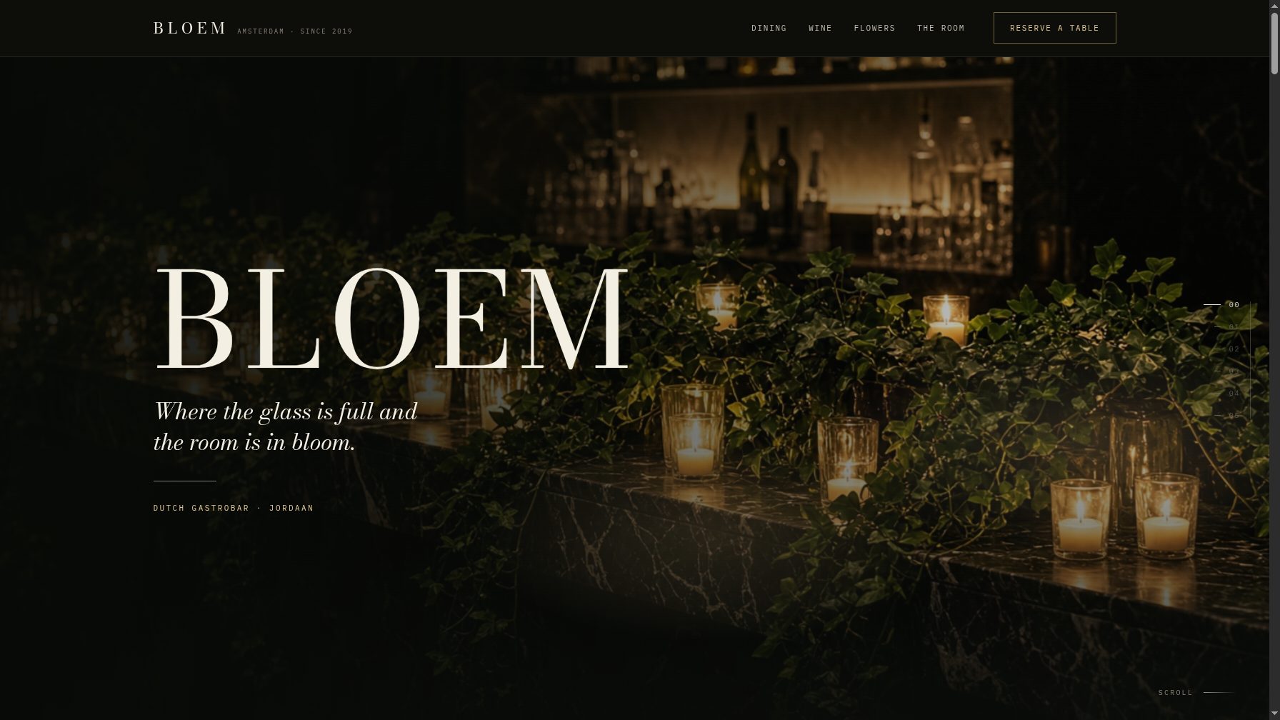 The Bloem demo's home page: a dark marble bar with ivy and candles, bottles lit behind it