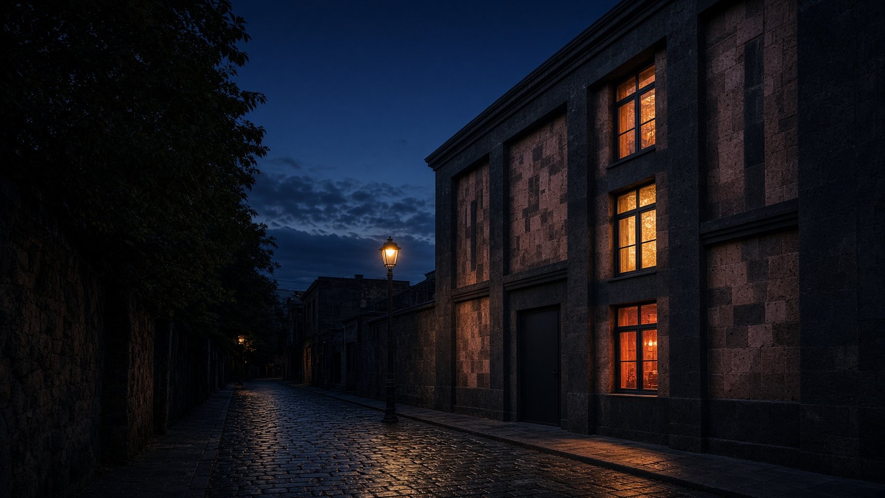 The Ember demo's home page: a basalt and tufa facade at blue hour, amber light in its deep-set windows