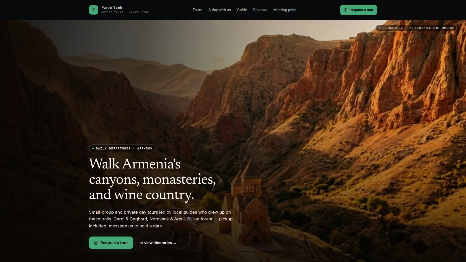 The Janapar demo's home page: a stone church in a canyon of red rock, under the heading "Walk Armenia's canyons, monasteries, and wine country." A tag in the corner reads "Illustrative · AI-generated demo imagery".