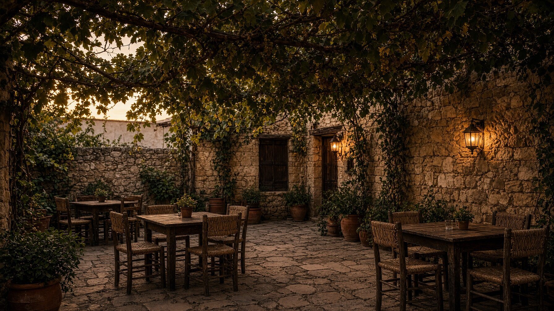 The Klimataria demo's home page: a courtyard at golden hour, a grapevine trained overhead and empty tables on flagstones