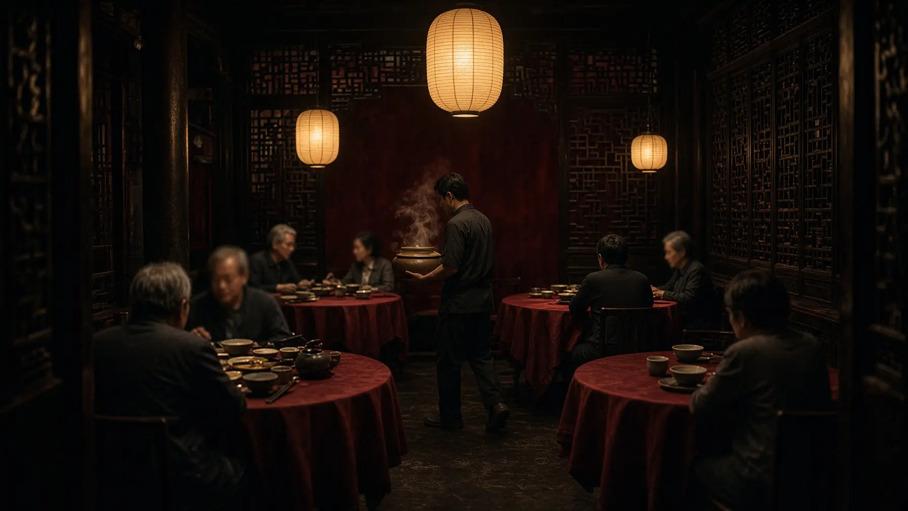 The Longting demo's home page: a dining room during evening service, round tables under low lanterns