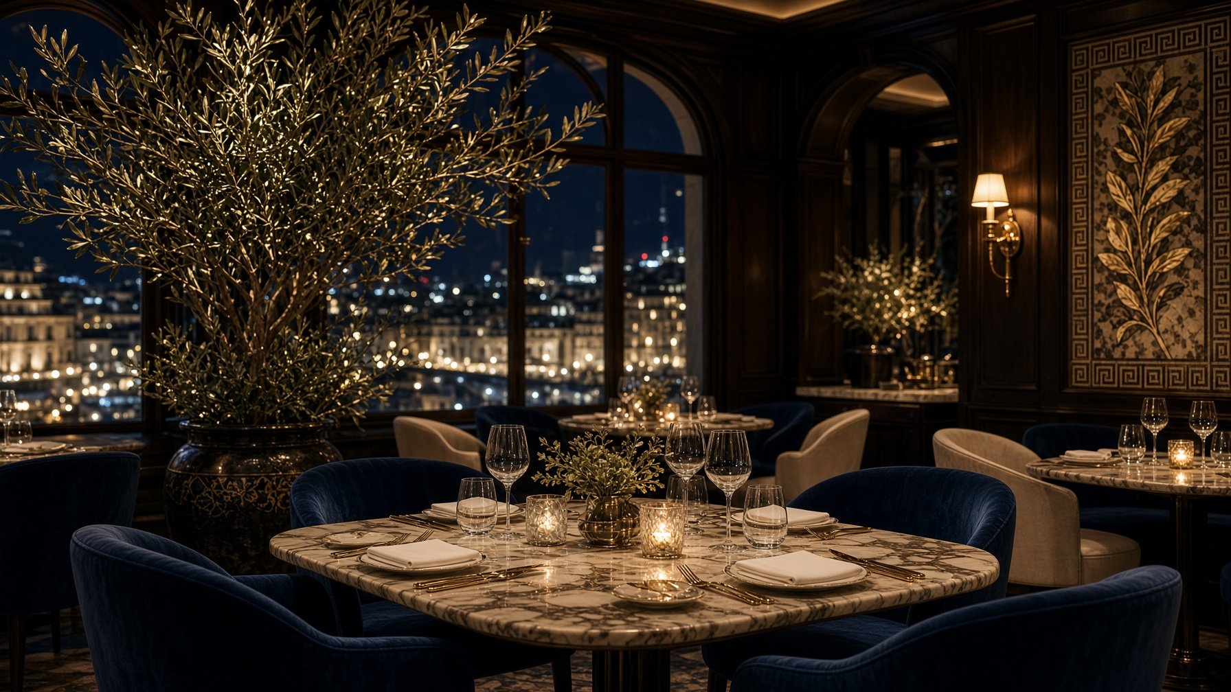 The Marea demo's home page: a dining room at night, marble tables and an olive tree by the window