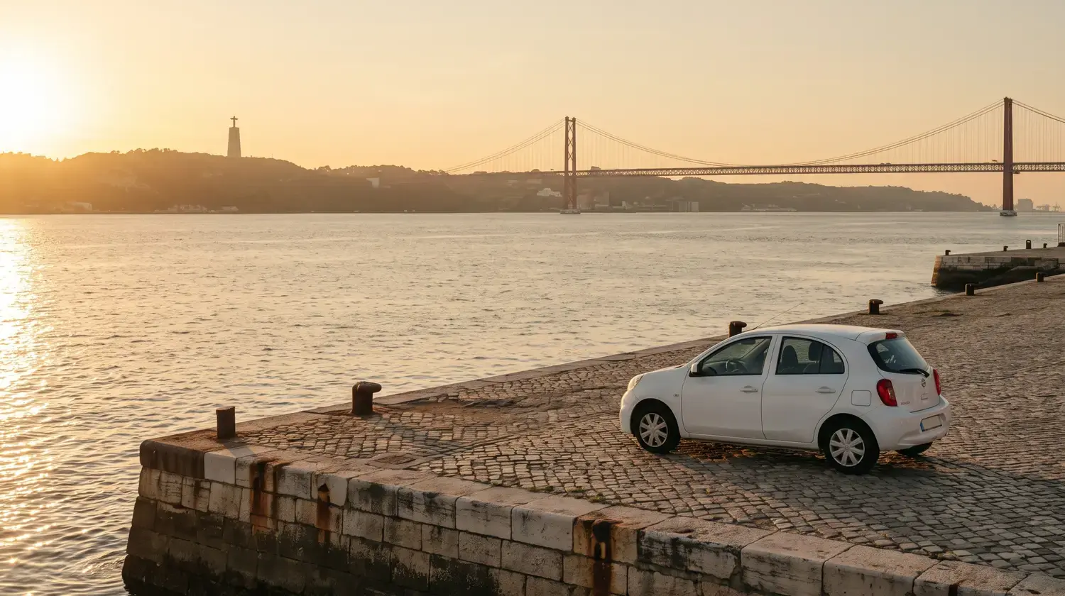 The Meridian demo's opening picture: a white small hatchback parked on a cobbled quay at sunset, with a long red suspension bridge across the water beyond