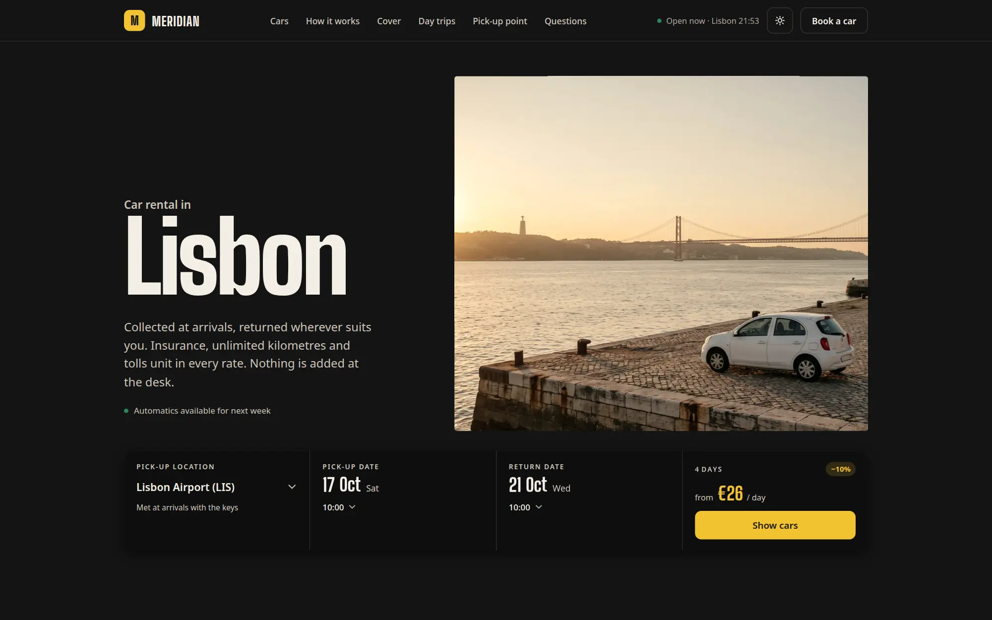 The Meridian demo's opening view on a desktop: Lisbon, the quay photograph and the booking instrument with a pick-up place, dates and a live daily rate