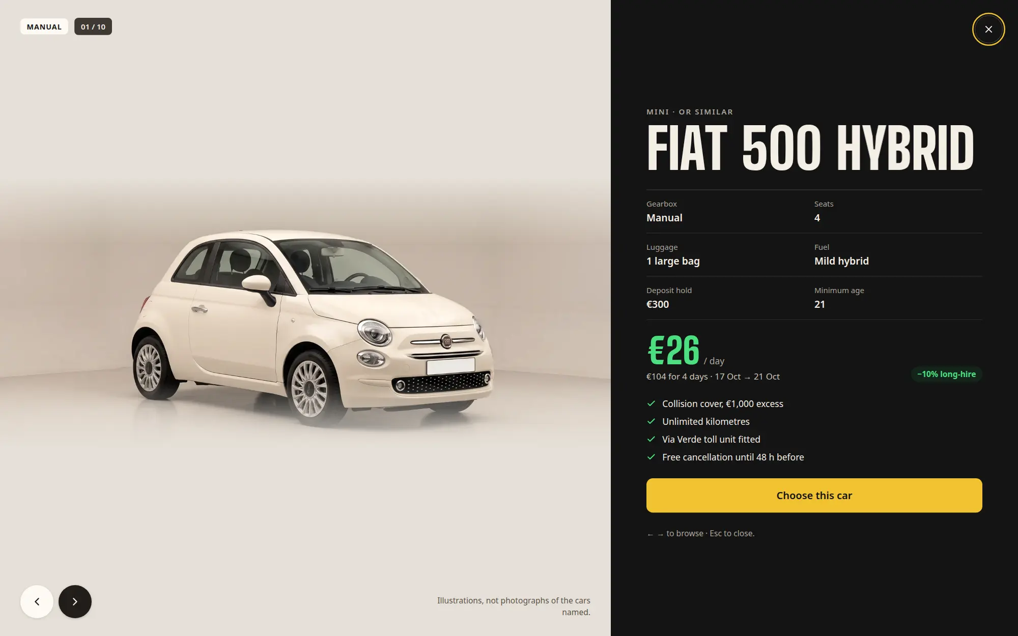 The Meridian demo's full-screen car view on a desktop: the car illustration beside specifications, price, included cover and the Choose this car button