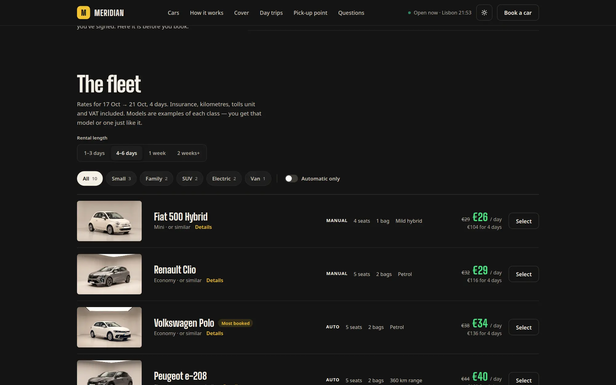 The Meridian demo's fleet on a desktop: rental-length and category filters above cars with their specifications, daily rates and Select buttons