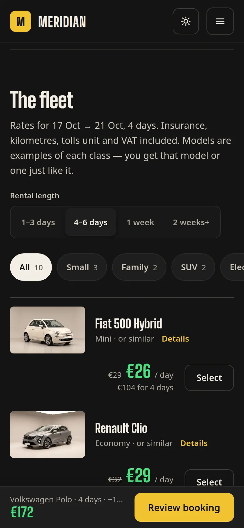 The same fleet on a phone: horizontally scrolling filters, two car rows and the selected car in a booking bar at the bottom