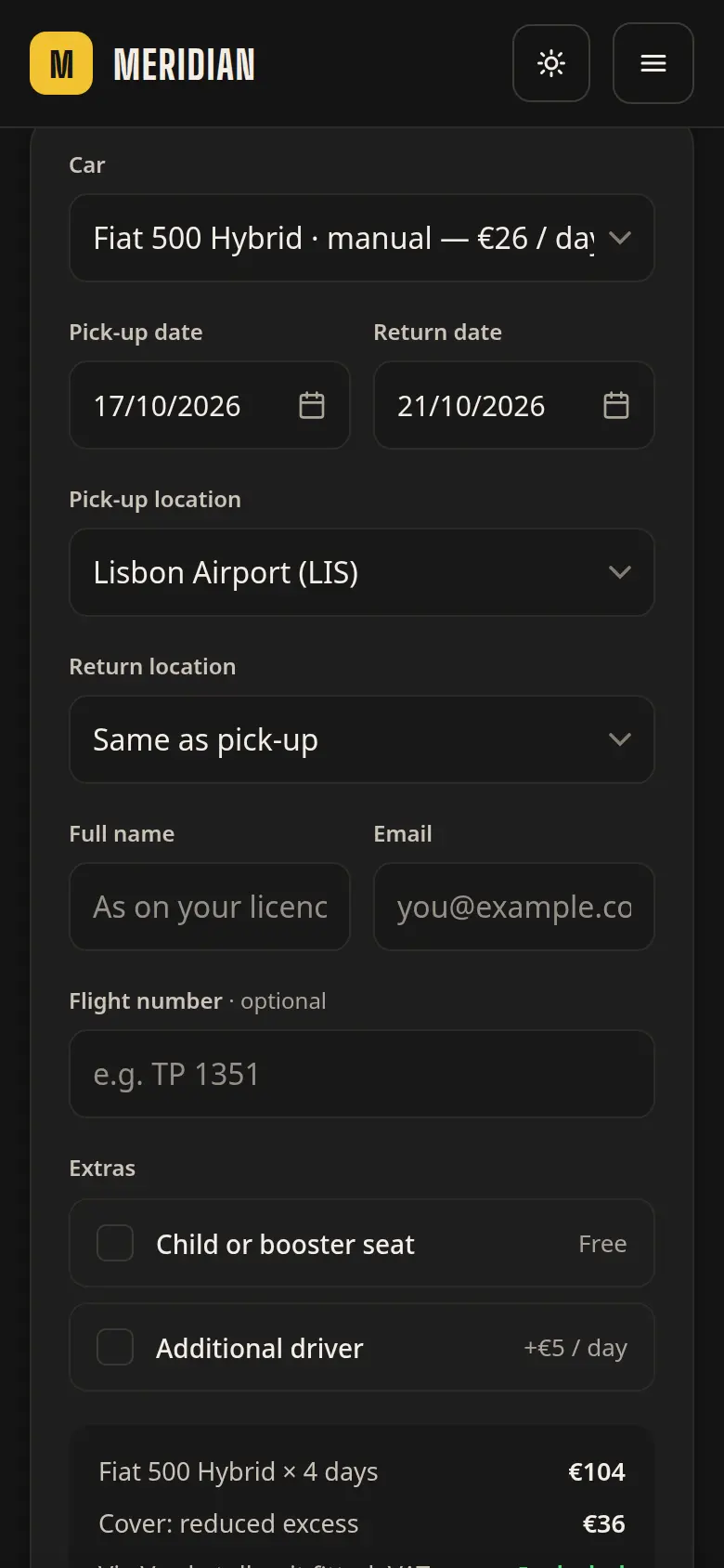 The Meridian demo's request on a phone: the chosen car, dates, pick-up and return places, contact fields, extras and the beginning of the price summary