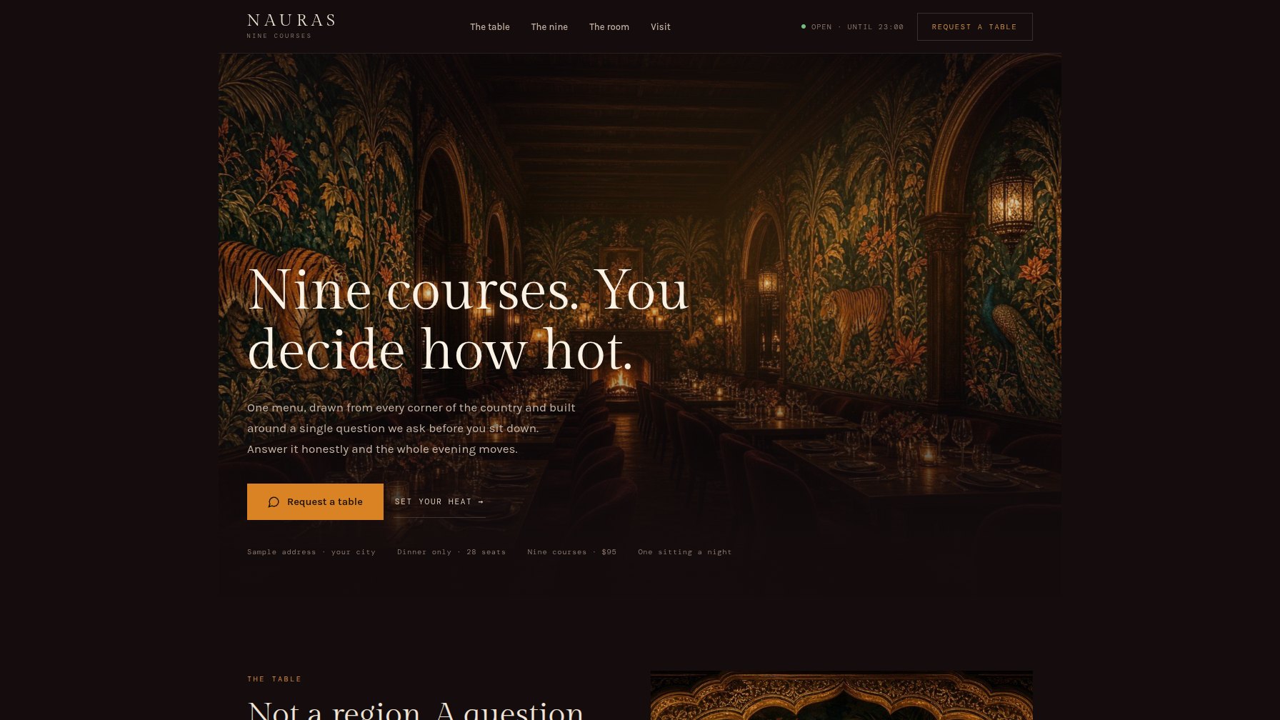 The Nauras demo's home page: a dim dining hall with walls painted in tigers and foliage, under the heading "Nine courses. You decide how hot."