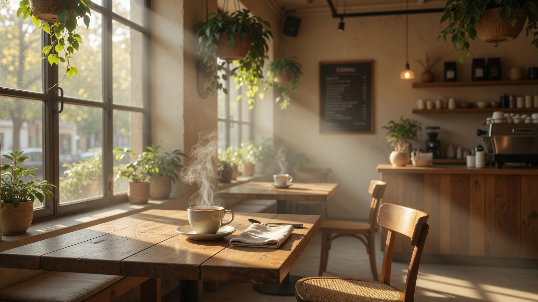 The Surch demo's home page: a steaming cup of coffee on a wooden table by a sunlit café window