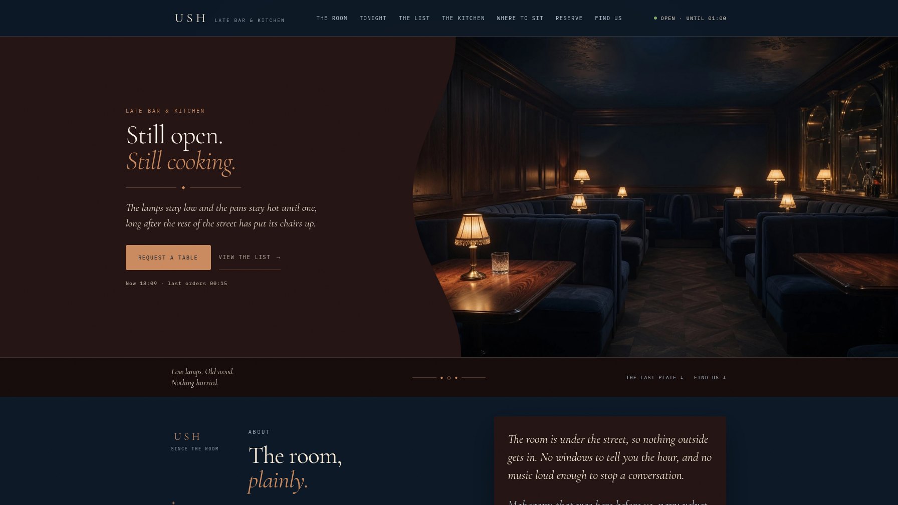 The Ush demo's home page: booths in navy velvet with a lamp on every table, beside the heading "Still open. Still cooking."