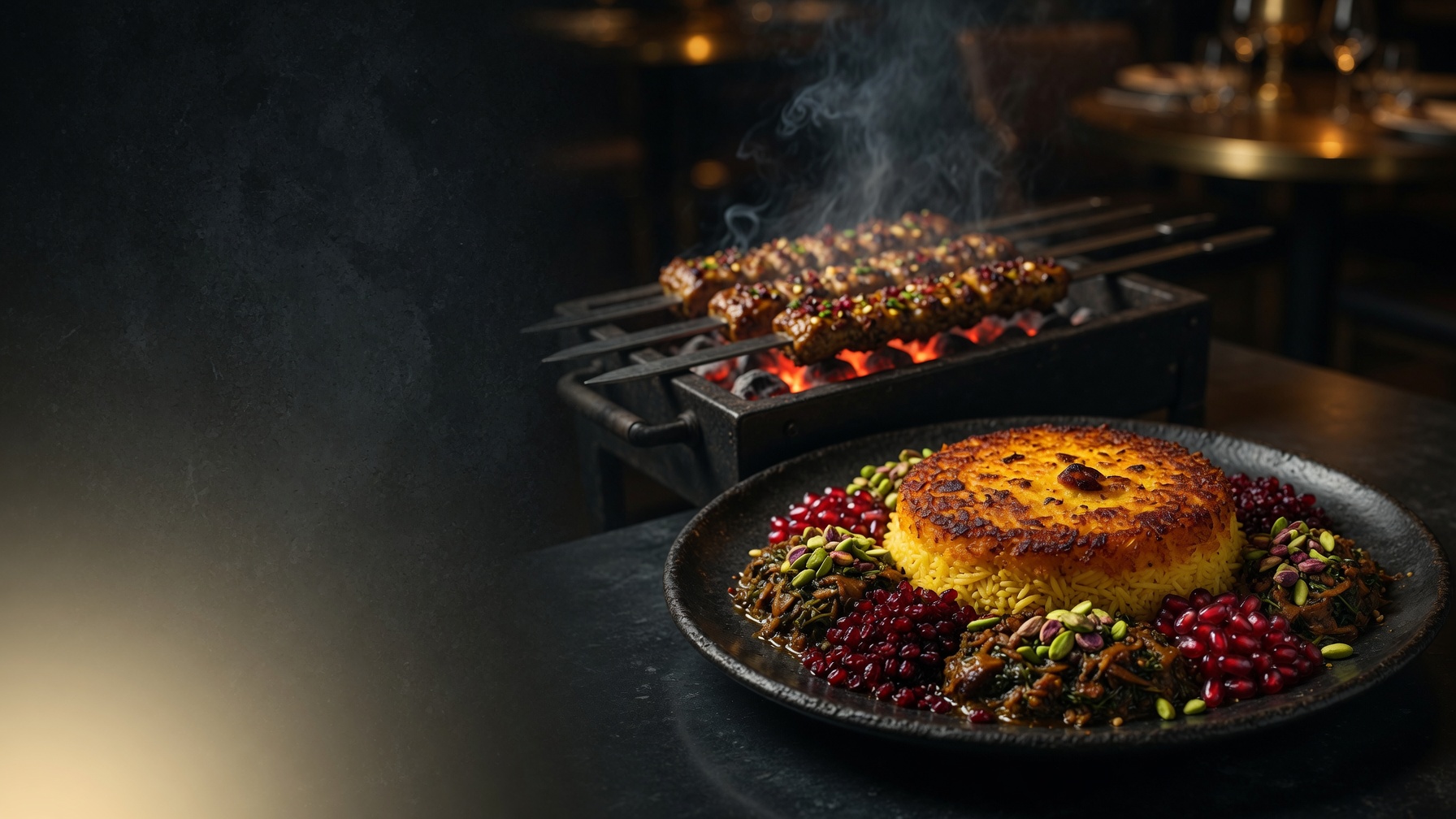 The Zafaran demo's home page: saffron rice with a golden crust on a dark table